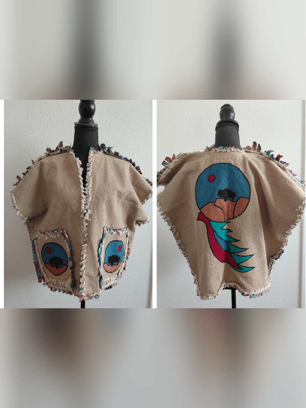 Southwest Moods Applique Womens  Denim Sleeveless Coat Vest Handcrafted. I